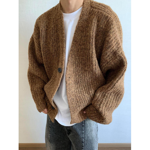 美式慵懶風高級感短寬重磅開衫毛衣男秋冬季休閒粗線針織衫外套潮