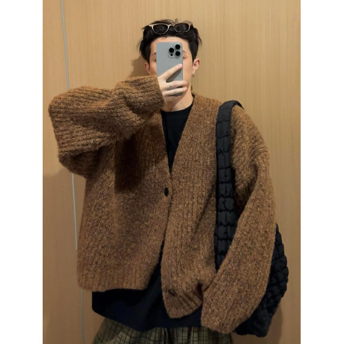 美式慵懶風高級感短寬重磅開衫毛衣男秋冬季休閒粗線針織衫外套潮