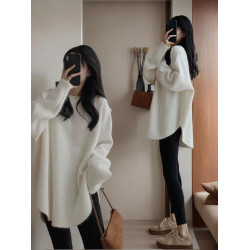 浣熊絨毛衣女外穿秋冬加厚日系慵懶風寬松上衣中長款開叉針織衫