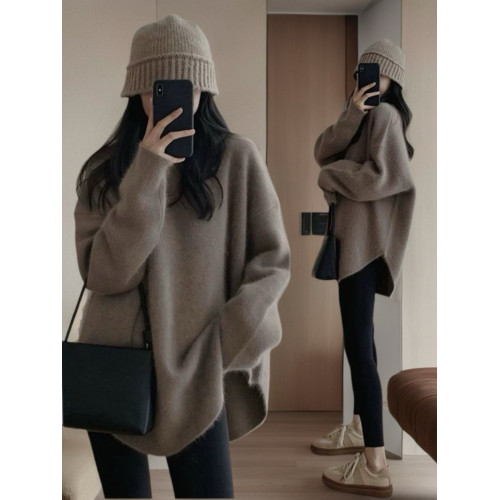 浣熊絨毛衣女外穿秋冬加厚日系慵懶風寬松上衣中長款開叉針織衫