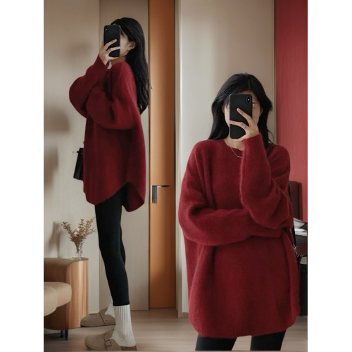 浣熊絨毛衣女外穿秋冬加厚日系慵懶風寬松上衣中長款開叉針織衫