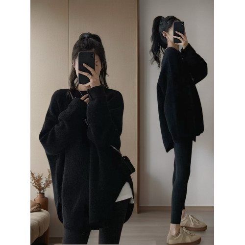 浣熊絨毛衣女外穿秋冬加厚日系慵懶風寬松上衣中長款開叉針織衫