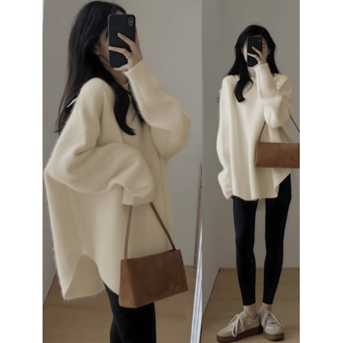 浣熊絨毛衣女外穿秋冬加厚日系慵懶風寬松上衣中長款開叉針織衫