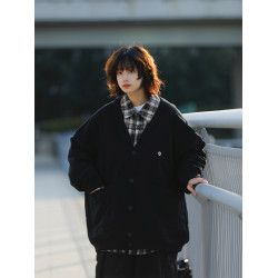 阿於呆 日系春季V領純色刺綉針織開衫寬松慵懶文藝風復古男女外套