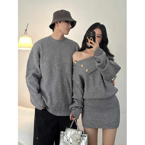 小衆設計感情侶裝秋冬INS超火毛衣純欲露肩針織衫連衣裙一裙一衣 小衆設計感情侶裝秋冬INS超火毛衣純欲露肩針織衫連衣裙一裙一衣