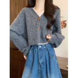 美式復古v領麻花毛衣外套女秋冬2025新款寬鬆慵懶長袖針織衫上衣