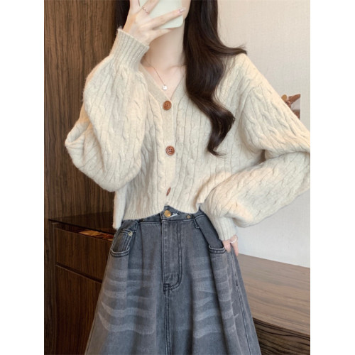 美式復古v領麻花毛衣外套女秋冬2025新款寬鬆慵懶長袖針織衫上衣