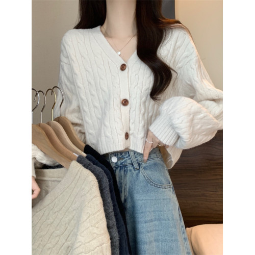 美式復古v領麻花毛衣外套女秋冬2025新款寬鬆慵懶長袖針織衫上衣