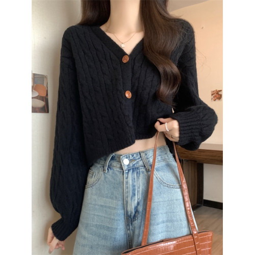 美式復古v領麻花毛衣外套女秋冬2025新款寬鬆慵懶長袖針織衫上衣