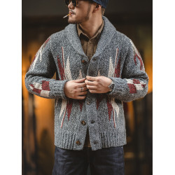 馬登工裝美式開衫青果領毛衣印第安翻領加厚針織外套納瓦霍男秋