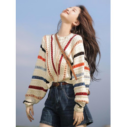 彩色條紋毛衣女秋冬新款外穿寬松慵懶風鉤花鏤空針織衫上衣外套潮