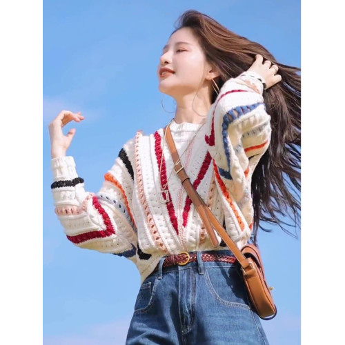 彩色條紋毛衣女秋冬新款外穿寬松慵懶風鉤花鏤空針織衫上衣外套潮