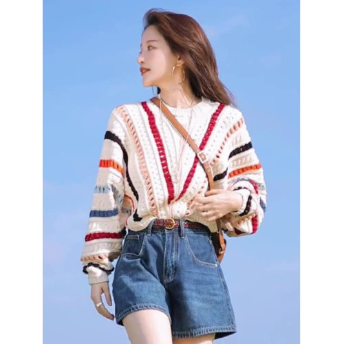 彩色條紋毛衣女秋冬新款外穿寬松慵懶風鉤花鏤空針織衫上衣外套潮