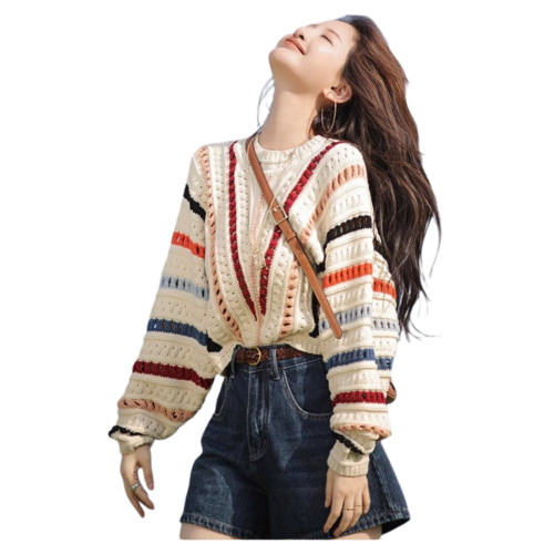彩色條紋毛衣女秋冬新款外穿寬松慵懶風鉤花鏤空針織衫上衣外套潮