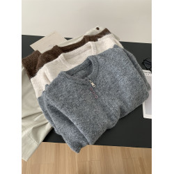 軟乎乎羊毛圓領針織開衫女簡約韓版三粒釦拉鍊衫秋冬保暖毛衣外套