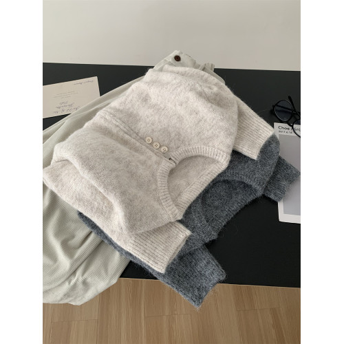 軟乎乎羊毛圓領針織開衫女簡約韓版三粒釦拉鍊衫秋冬保暖毛衣外套