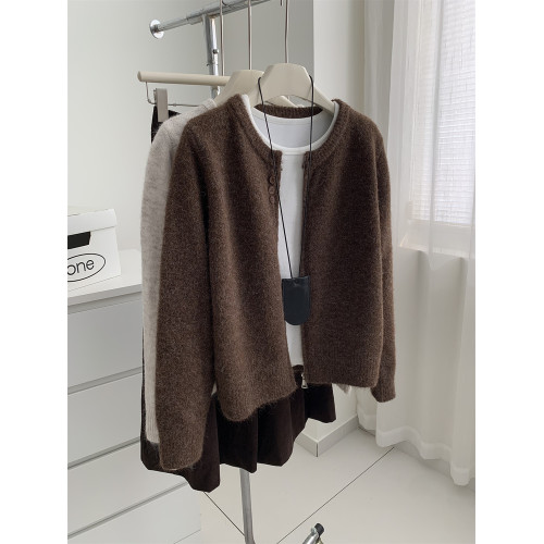 軟乎乎羊毛圓領針織開衫女簡約韓版三粒釦拉鍊衫秋冬保暖毛衣外套