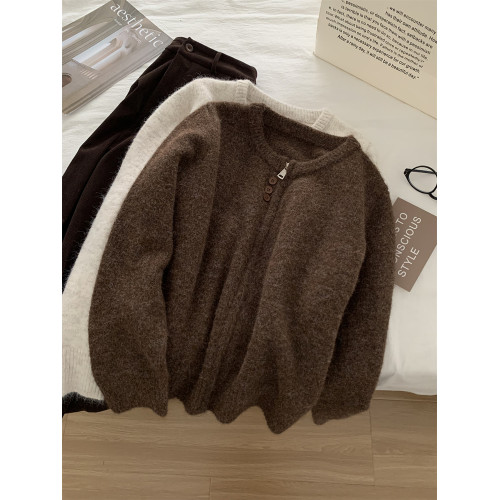 軟乎乎羊毛圓領針織開衫女簡約韓版三粒釦拉鍊衫秋冬保暖毛衣外套