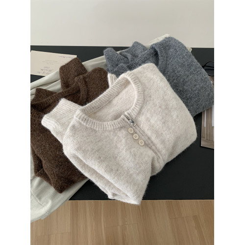 軟乎乎羊毛圓領針織開衫女簡約韓版三粒釦拉鍊衫秋冬保暖毛衣外套