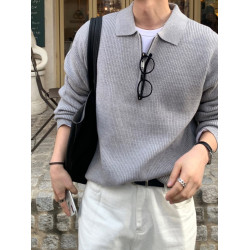 SSUMENAM「冬日時尚 半拉鍊」灰色POLO毛衣男秋季高級翻領針織衫
