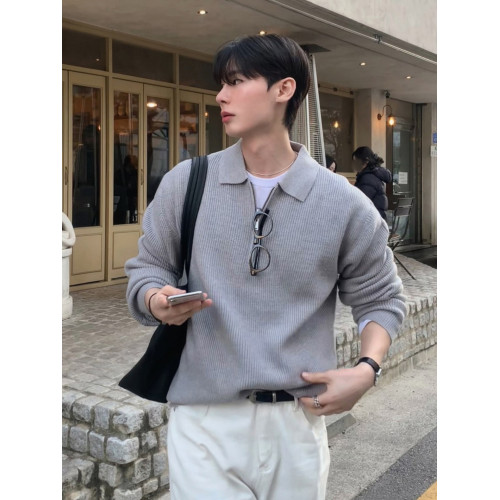 SSUMENAM「冬日時尚 半拉鍊」灰色POLO毛衣男秋季高級翻領針織衫