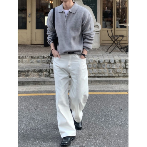 SSUMENAM「冬日時尚 半拉鍊」灰色POLO毛衣男秋季高級翻領針織衫