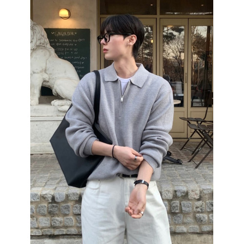 SSUMENAM「冬日時尚 半拉鍊」灰色POLO毛衣男秋季高級翻領針織衫