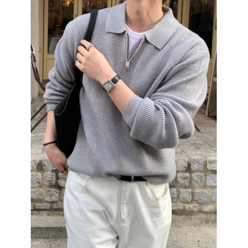 SSUMENAM「冬日時尚 半拉鍊」灰色POLO毛衣男秋季高級翻領針織衫