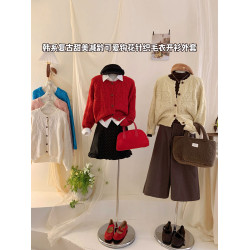 復古鉤花圓領花邊毛衣外套女秋冬韓日系寬松甜美小衆溫柔針織開衫