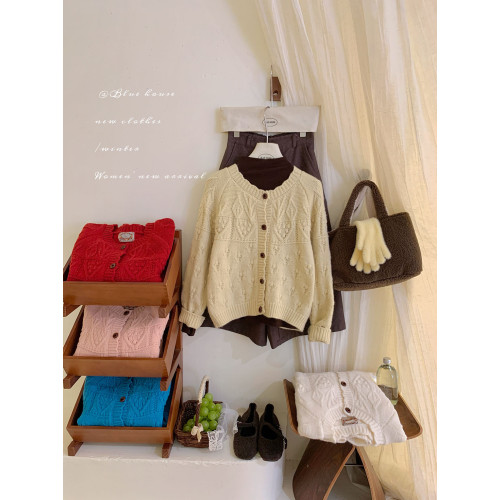 復古鉤花圓領花邊毛衣外套女秋冬韓日系寬松甜美小衆溫柔針織開衫