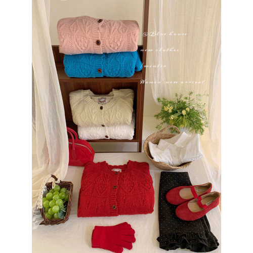 復古鉤花圓領花邊毛衣外套女秋冬韓日系寬松甜美小衆溫柔針織開衫