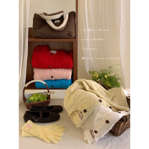 復古鉤花圓領花邊毛衣外套女秋冬韓日系寬松甜美小衆溫柔針織開衫