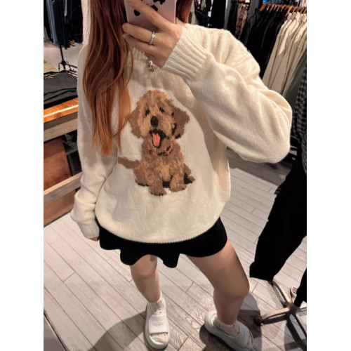 趣味可愛小狗提花套頭毛衣女設計感秋冬季新款韓系軟糯針織衫上衣
