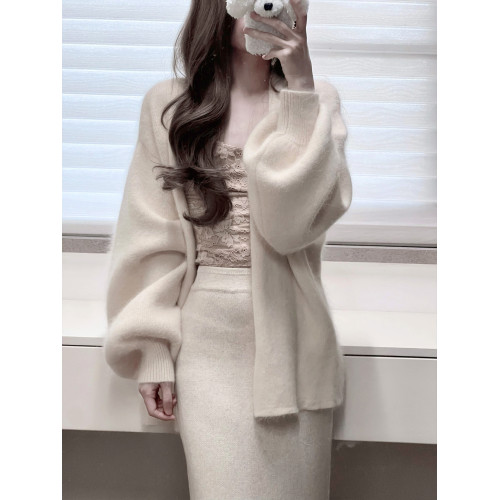 白色燈籠袖軟糯水貂絨開衫毛衣女秋冬寬松慵懶風高級感針織衫外套