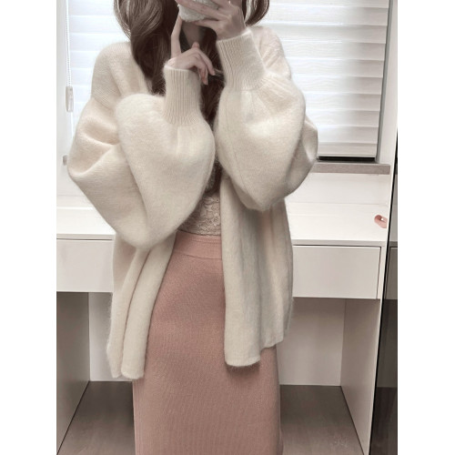 白色燈籠袖軟糯水貂絨開衫毛衣女秋冬寬松慵懶風高級感針織衫外套