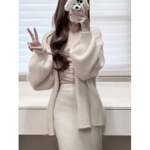 白色燈籠袖軟糯水貂絨開衫毛衣女秋冬寬松慵懶風高級感針織衫外套