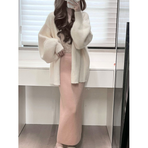 白色燈籠袖軟糯水貂絨開衫毛衣女秋冬寬松慵懶風高級感針織衫外套