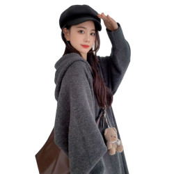 2025新款中長款連帽針織開衫毛衣外套女秋冬季寬松慵懶風大衣外搭