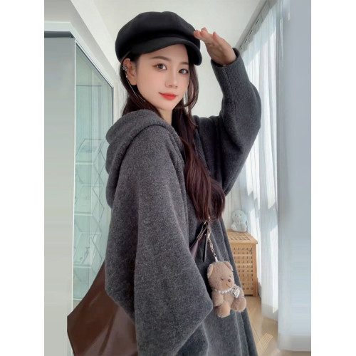 2025新款中長款連帽針織開衫毛衣外套女秋冬季寬松慵懶風大衣外搭