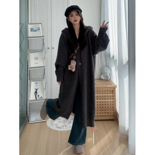 2025新款中長款連帽針織開衫毛衣外套女秋冬季寬松慵懶風大衣外搭