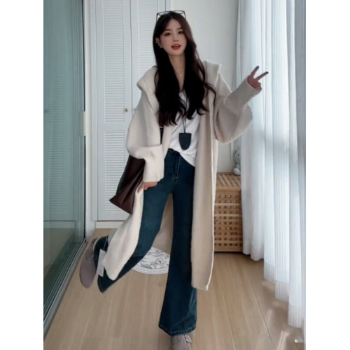 2025新款中長款連帽針織開衫毛衣外套女秋冬季寬松慵懶風大衣外搭