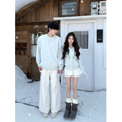 韓系學院風奶藍色海軍領毛衣男女情侶裝秋冬季寬松慵懶風針織開衫