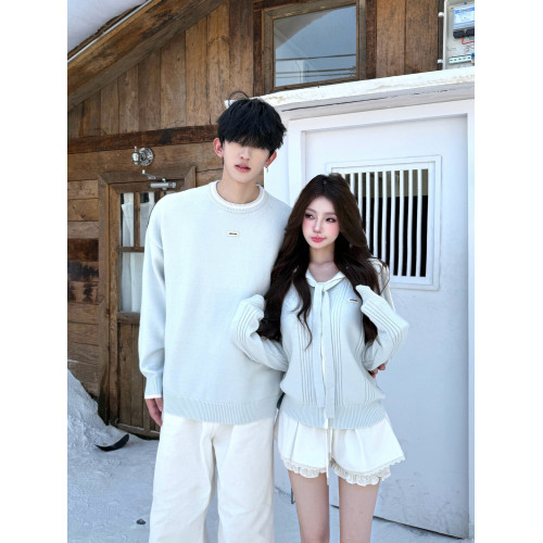 韓系學院風奶藍色海軍領毛衣男女情侶裝秋冬季寬松慵懶風針織開衫 韓系學院風奶藍色海軍領毛衣男女情侶裝秋冬季寬松慵懶風針織開衫