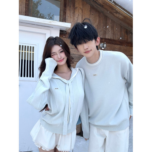 韓系學院風奶藍色海軍領毛衣男女情侶裝秋冬季寬松慵懶風針織開衫 韓系學院風奶藍色海軍領毛衣男女情侶裝秋冬季寬松慵懶風針織開衫