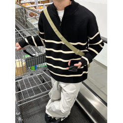 黑白條紋立領半拉鍊毛衣男秋冬季休閒內搭慵懶風套頭針織衫高級感