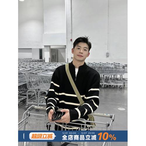 黑白條紋立領半拉鍊毛衣男秋冬季休閒內搭慵懶風套頭針織衫高級感 黑白條紋立領半拉鍊毛衣男秋冬季休閒內搭慵懶風套頭針織衫高級感