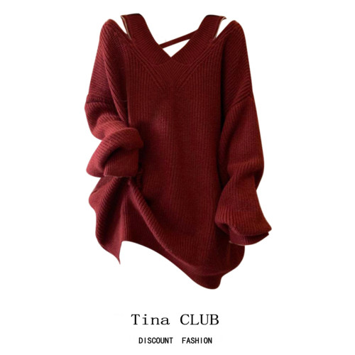 Tina CLUB大碼女裝秋冬季胖mm新年穿搭設計感露肩中長款紅色毛衣