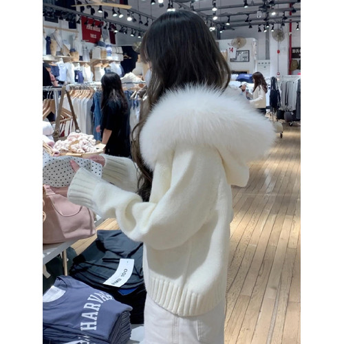 連帽毛領白色毛衣女秋冬季2025新款爆款韓系慵懶高級感超好看外套