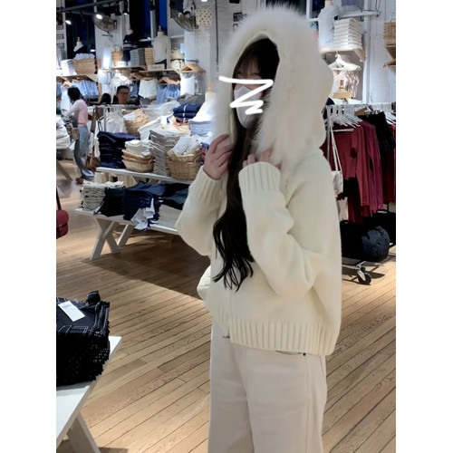 連帽毛領白色毛衣女秋冬季2025新款爆款韓系慵懶高級感超好看外套