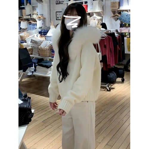 連帽毛領白色毛衣女秋冬季2025新款爆款韓系慵懶高級感超好看外套